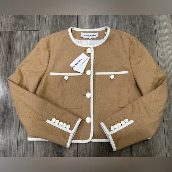 Veronica Beard Beale Contrast Detail Cotton Blend Tweed Jacket in Khaki Size 14 - Picture 8 of 14